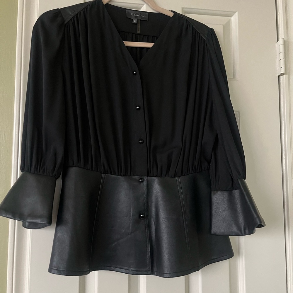 Gracia Black Blouse with Faux Leather Details